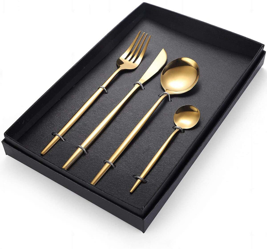 Image sur Ensemble de couverts individuels 4 pièces couverts en acier inoxydable poli miroir, comprend une fourchette à dessert, une cuillère, une cuillère à café et un couteaux