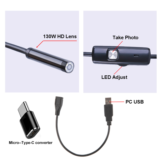 Mini caméra endoscopique étanche 6 led à intensité réglable, avec câble rigide facile à manipuler et adaptateur USB, caméra d'inspection avec 3 accessoires pour attraper ou observer.
