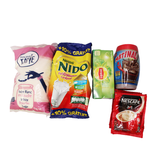 Image sur PACK DEJEUNER:  1KG de sucre TATIE;  401G de sachet de lait NIDO; 1paquet de thé LIPTON; 250G de MATINAL; NESCAFE 3in1*10
