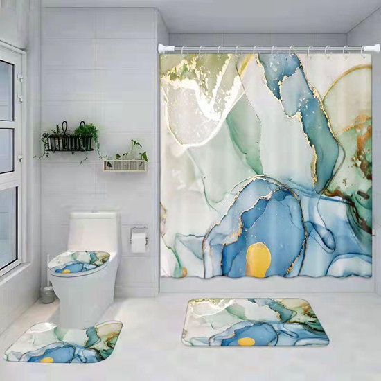 Image sur 4 Pcs Ensembles de rideaux de douche avec tapis, tapis de salle de bain