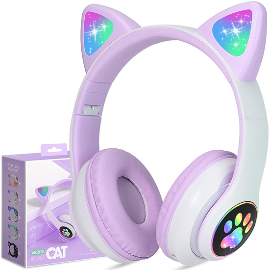 Image sur Casque Bluetooth sans fil Cute Cat, casque gamer avec microphone et câble audio et LED RVB lumineuse