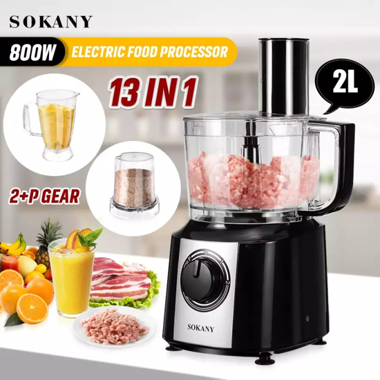 Image sur SOKANY Robot Multifonction Electrique 800W 13en1 2 Vitesses Hachoir à Viande Presse-agrumes 2L Bol Broyeur Cuisine