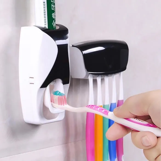 Image sur Support pour brosse à dents, distributeur automatique de dentifrice, accessoires de salle de bains, presse-dentifrice monté pour salle de bains