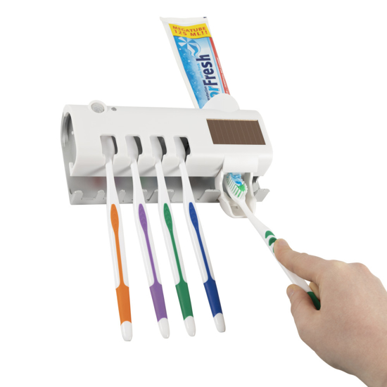 Image sur Porte-brosse à dents UV à énergie solaire, distributeur mural automatique de dentifrice désinfection ultraviolette, rangement de brosse à dents de salle de bains