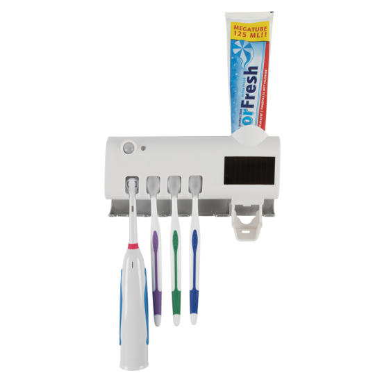 Image sur Porte-brosse à dents UV à énergie solaire, distributeur mural automatique de dentifrice désinfection ultraviolette, rangement de brosse à dents de salle de bains