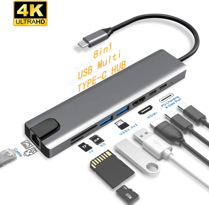 Image de Station d'accueil Adaptateur de concentrateur USB 8 en 1 Hub USB-C avec port HDMI + USB * 2 + PD + USB C / F + SD / TF + RJ45