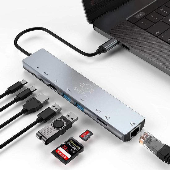 Image sur Station d'accueil Adaptateur de concentrateur USB 8 en 1 Hub USB-C avec port HDMI + USB * 2 + PD + USB C / F + SD / TF + RJ45