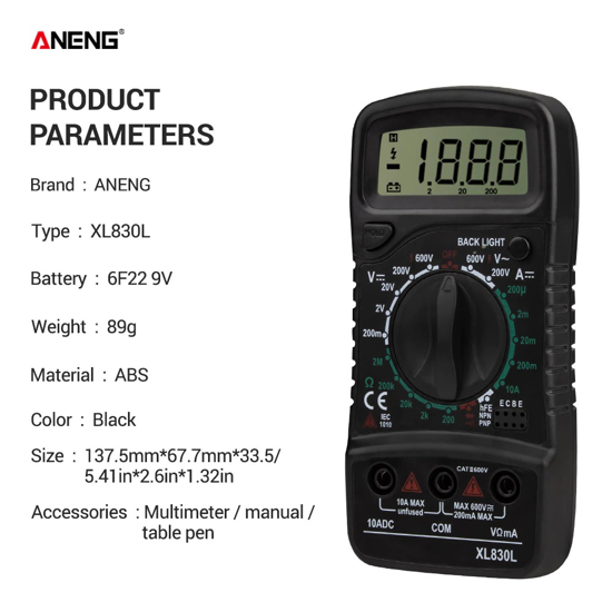 Multimètre numérique LCD ANENG XL830L testeur de Transistor électrique automobile, multimètre voltmètre ampèremètre AC DC OHM volts testeur courant d'essai.