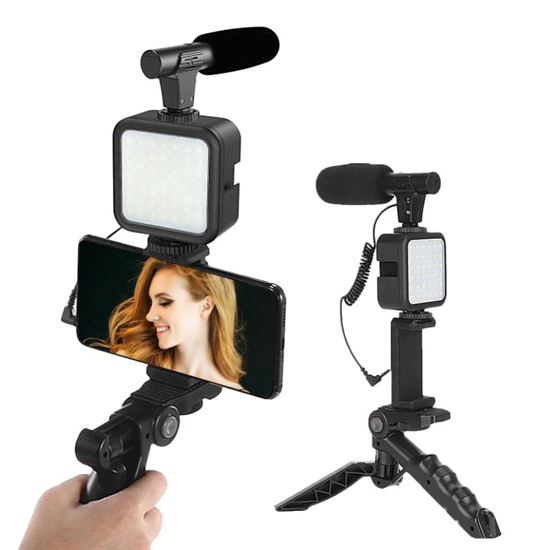 Image sur Kit de Studio pour Smartphone, appareil photo, vlog, costume de photographie avec Microphone, lumière de remplissage LED, Mini trépied