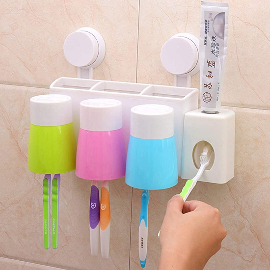 Image sur Distributeur automatique de dentifrice presse-agrumes 6 porte-brosse à dents avec 3 tasses organisateur de stockage support mural ensemble de salle de bain familial