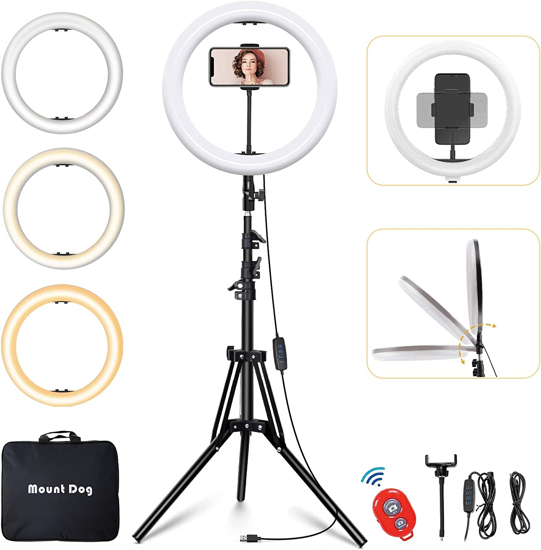 Image sur LED Selfie Ring Light 14" avec trépied, support de téléphone flexible, télécommande Bluetooth et sac de transport pour maquillage en direct YouTube TikTok Portrait