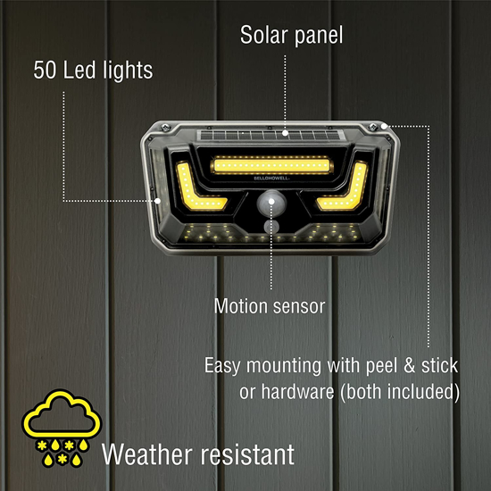Image sur Applique murale d'extérieur solaire bionique avec détecteur de mouvement en 2 modes, 50 lumières LED sans fil lumineuses, lumière de garage étanche, lampes solaires d'extérieur, idéales pour terrasse, garage, porte d'entrée