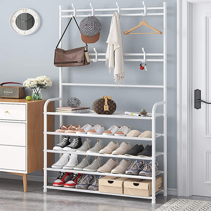 Agrandir l'image de Étagère à chaussures, étagère de rangement en fer à 5 niveaux avec tige de suspension et crochets à double rangée, étagère à chaussures verticale peu encombrante pour entrée, blanc Étagère de rangement 23,6 x 10,2 x 170 cm Image de Étagère à chaussures, étagère de rangement en fer à 5 niveaux avec tige de suspension et crochets à double rangée, étagère à chaussures verticale peu encombrante pour entrée, blanc Étagère de rangement 23,6 x 10,2 x 170 cm