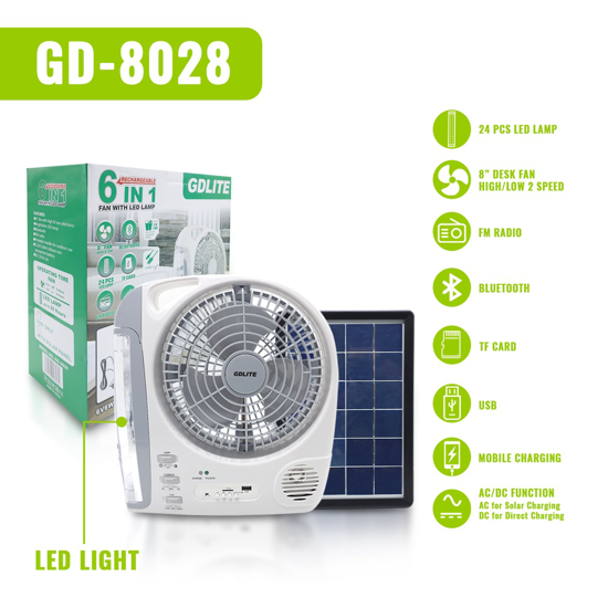 Image sur GD LITE GD-8028 ventilateur d'urgence solaire rechargeable 6in1 avec BT/LEDLIGHT/FM/SOLAR PANEL FUNCTION59V