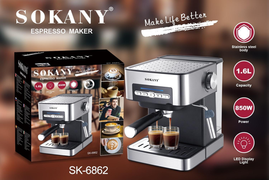 Image sur Machine expresso Sokany SK-6862, 850W, 15 bars, réservoir d'eau 1,6L, Noir/Inox