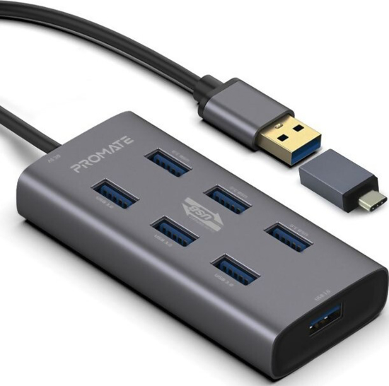 Image sur Promate Hub USB alimenté en alliage d'aluminium, 7 ports USB 3.0, adaptateur USB-C, taux de transfert 5 Gbps, données et charge | EZHUB7
