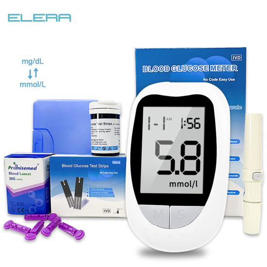 Image sur Lecteur de glycémie ELERA Kit de glucomètre médical bandelettes de Test de diabète sans Code/lancette glycémie Mg/mmol