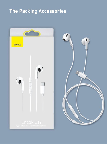 Image sur Écouteurs filaires intra-auriculaires latéraux Baseus Encok Type-C C17 Blanc