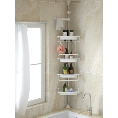 Agrandir l'image de ETAGÈRE D'ANGLE DE DOUCHE TÉLESCOPIQUE CHROMÉE AVEC 4 TABLETTES BLANCHES Image de ETAGÈRE D'ANGLE DE DOUCHE TÉLESCOPIQUE CHROMÉE AVEC 4 TABLETTES BLANCHES