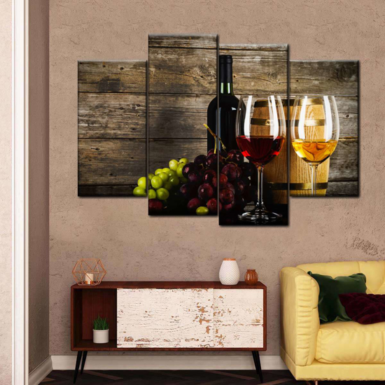 Tableau décoratif d'intérieur - Art bouteille verre vin rouge  vin blanc et raisin - 4 en 1
