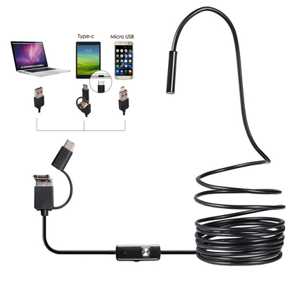 Image de Mini caméra endoscopique étanche 6 led à intensité réglable endoscope industriel étanche caméra HD noire 3 en 1 vidéo USB Type-c, téléphones/tablettes/ordinateurs compatibles