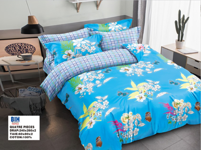 Image de 2 Draps 3 Places + 1 Paire De Taies D'Oreiller - BleuFleuri