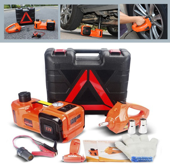 Image sur Kit d'outils de réparation automobile 3 en 1 Cric électrique, pompe de gonflage, clé à chocs universelle, kit d'urgence pour voiture 5 tonnes