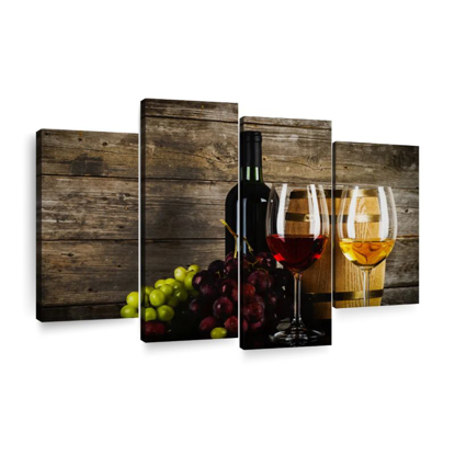 Tableau décoratif d'intérieur - Art bouteille verre vin rouge  vin blanc et raisin - 4 en 1