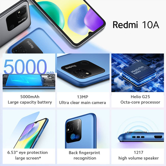 Image sur Xiaomi Redmi 10A  - 6,53" - 64 Go - 4Go RAM - 2 SIM - 13MP/5MP - 5000mAh - pochette et glace offertes