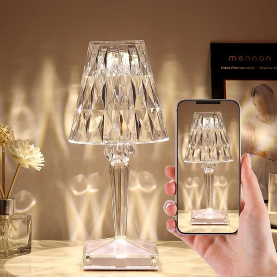 Image sur Lampe de table en cristal diamant, lampe de chevet rechargeable à interrupteur tactile, lampe de table pour restaurant et café