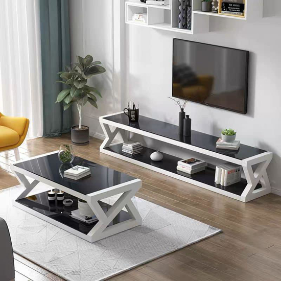 Image sur Meuble TV Vitrer de Noir et bordure blanche ( importer ) + Table vitrer Noir et bordure blanche