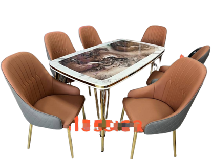 Agrandir l'image de salle a mange 6 places ( importer) , demontable et mabrer + 6 chaises en cuir marron et Gris,doré d'or sur chaque bordure Image de salle a mange 6 places ( importer) , demontable et mabrer + 6 chaises en cuir marron et Gris,doré d'or sur chaque bordure