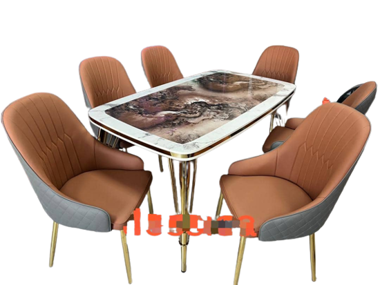 Image sur salle a mange 6 places ( importer) , demontable et mabrer + 6 chaises en cuir marron et Gris,doré d'or sur chaque bordure