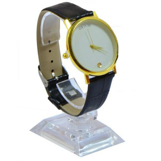Montre Bracelet - Noir à affichage analogique avec bracelet  en simili - cuir et cadran métallique rond doré.