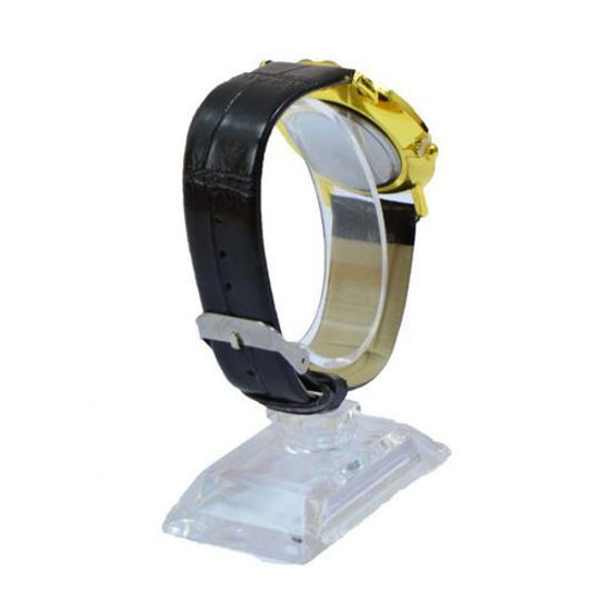 Montre Bracelet - Noir à affichage analogique avec bracelet  en simili - cuir et cadran métallique rond doré.