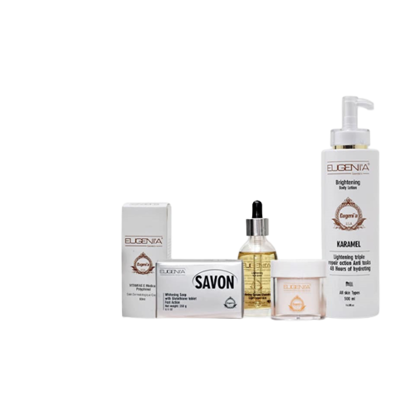 Image de Gamme de Toilette Eclaircissante Teint  Karamel Eugenia cosmetic's (lait de toilette, savon, crème visage,sérum,vitamine E)