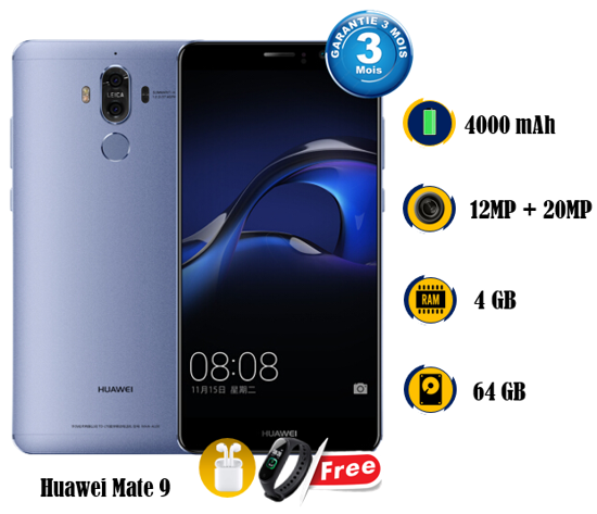 Image sur Huawei Mate 9 - 64G/ 4G- 5.9 pouces -  4000 mAh, non-removable - 12MP +20MP + 8MP + Montre connectée M8 + Ecouteurs sans fils - Occasion d'europe - 03 Mois garantie