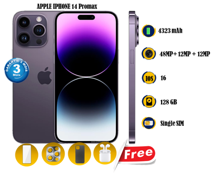 Image de Apple iPhone 14 Promax Scellé - 128GB -  4323  mAh  - 6.7 pouces - 48MP + 12MP +12MP/12MP  - Gift (Ecouteurs sans fils + Pochette + Glace ) - 03 Mois garantie