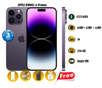 Image de Apple iPhone 14 Promax Scellé - 256GB -  4323  mAh  - 6.7 pouces - 48MP + 12MP +12MP/12MP  - Gift (Ecouteurs sans fils + Pochette + Glace ) - 03 Mois garantie