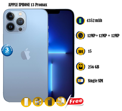 Image de Apple iPhone 13 Promax Occasion - 256GB -  4352 mAh  - 6.7 pouces - 12MP + 12MP +12MP/12MP  - Gift (Chargeur + Pochette + Glace ) - 03 Mois garantie