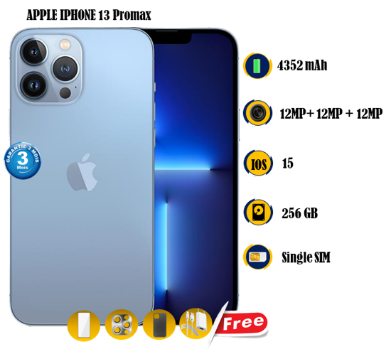 Apple iPhone 13 Promax Occasion - 256GB - 4352 mAh - 6.7 pouces - 12MP +  12MP +12MP/12MP - Gift (Chargeur + Pochette + Glace ) - 03 Mois garantie