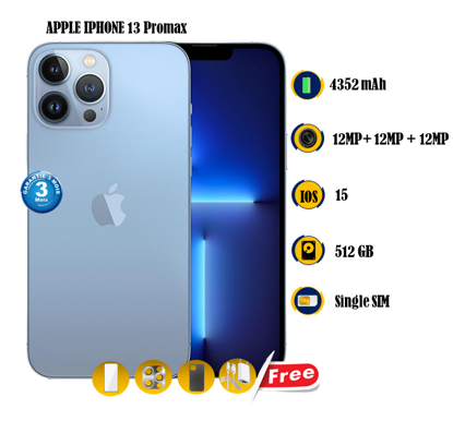Image de Apple iPhone 13 Promax Occasion - 512GB -  4352 mAh  - 6.7 pouces - 12MP + 12MP +12MP/12MP  - Gift (Chargeur + Pochette + Glace ) - 03 Mois garantie