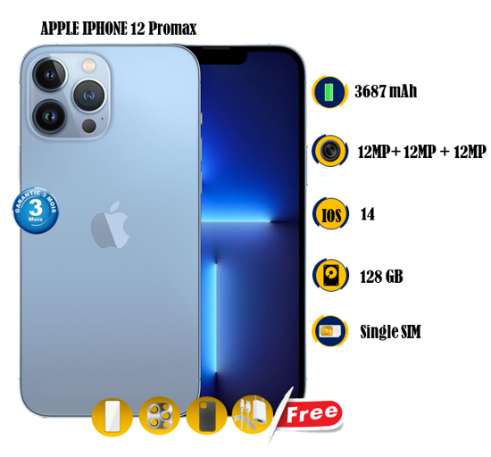 Image sur Apple iPhone 12 Promax Occasion - 128GB -  3687 mAh  - 6.7 pouces - 12MP + 12MP +12MP/12MP  - Gift (Chargeur + Pochette + Glace ) - 03 Mois garantie