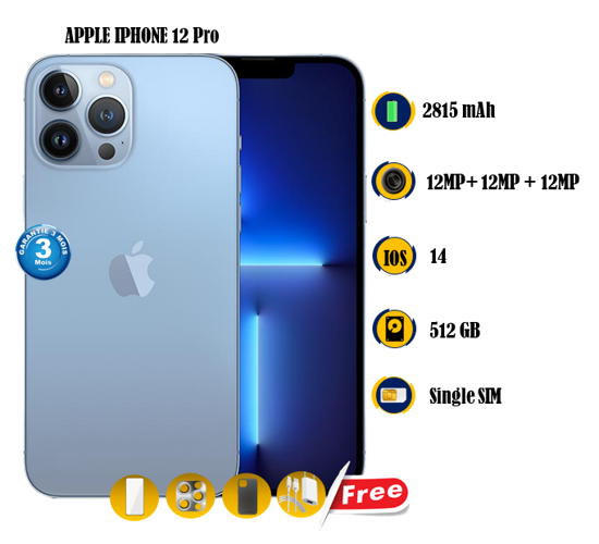 Image sur Apple iPhone 12 Pro Occasion - 512GB -  2815 mAh  - 6.1 pouces - 12MP + 12MP +12MP/12MP  - Gift (Chargeur + Pochette + Glace ) - 03 Mois garantie