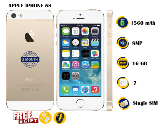 Image sur Apple iPhone 5s occasion - 16gb - 4.0 pouces - 8MP/1.2MP - 1560 mAh - Gift (Chargeur + Montre connectée M8 ) - 03 Mois garantie