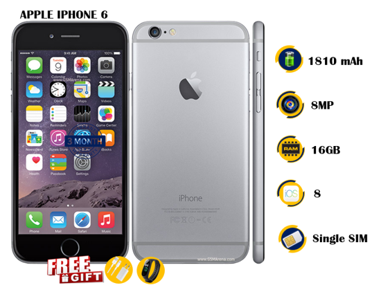 Image sur Apple IPhone 6 Occasion - 16GB -  1810 mAh  - 4.7 pouces - 8MP/1.2MP  - Gift (Chargeur + Montre connectée M8 ) - 03 Mois garantie