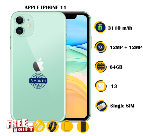 Image sur Apple iPhone 11  Occasion - 64GB -  3110 mAh  - 6.1 pouces - 12MP + 12MP/12MP  - Gift (Chargeur + Montre connectée M8 +Pochette + Glace ) - 03 Mois garantie