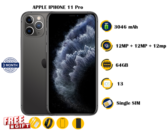 Image sur Apple iPhone 11 Pro  Occasion - 64GB -  3046  mAh  - 5.8 pouces - 12MP + 12MP + 12MP/12MP  - Gift (Chargeur + Montre connectée M8 +Pochette + Glace ) - 03 Mois garantie