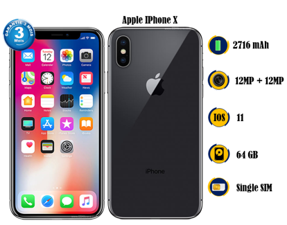 Image de Apple iPhone X Occasion - 64GB-  2716 mAh  - 5.8 pouces - 12MP + 12MP/7MP   - 03 Mois garantie