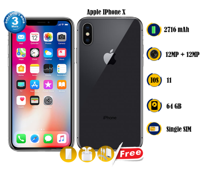 Image de Apple iPhone X Occasion - 64GB-  2716 mAh  - 5.8 pouces - 12MP + 12MP/7MP  - Gift (Chargeur + Ecouteur sans fils +Glace ) - 03 Mois garantie
